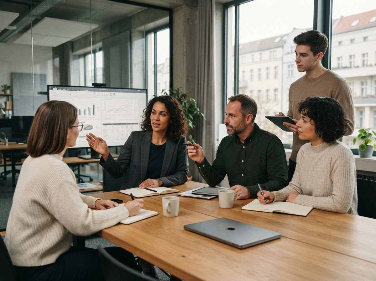 Informationen Zahlen — Team bei der Auswertung von Marktdaten
